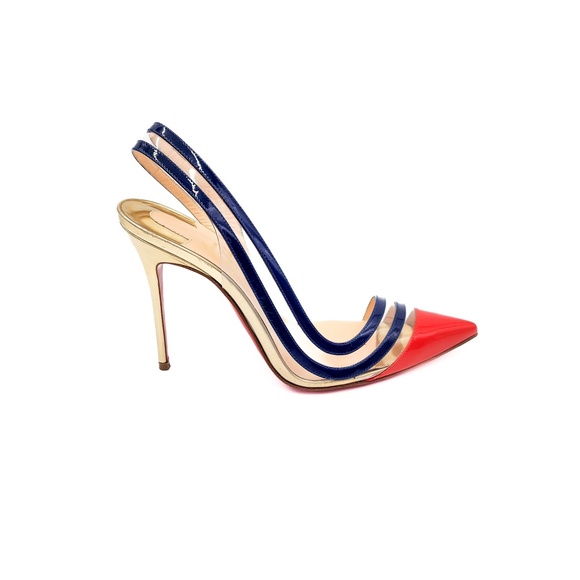 Christian Louboutin Patent Leather PVC Red Navy D'orsay Pumps Heels 37.5 - Picture 2 of 10